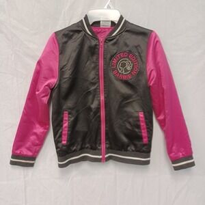 Barbie Varsity‎ Bomber Jacket Girls L (10-12) Limited Edition Black Pink Satin